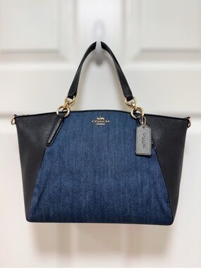 Coach Kelsey Denim Black Pebbled Leather Colorblock 2-Way Crossbody Satchel